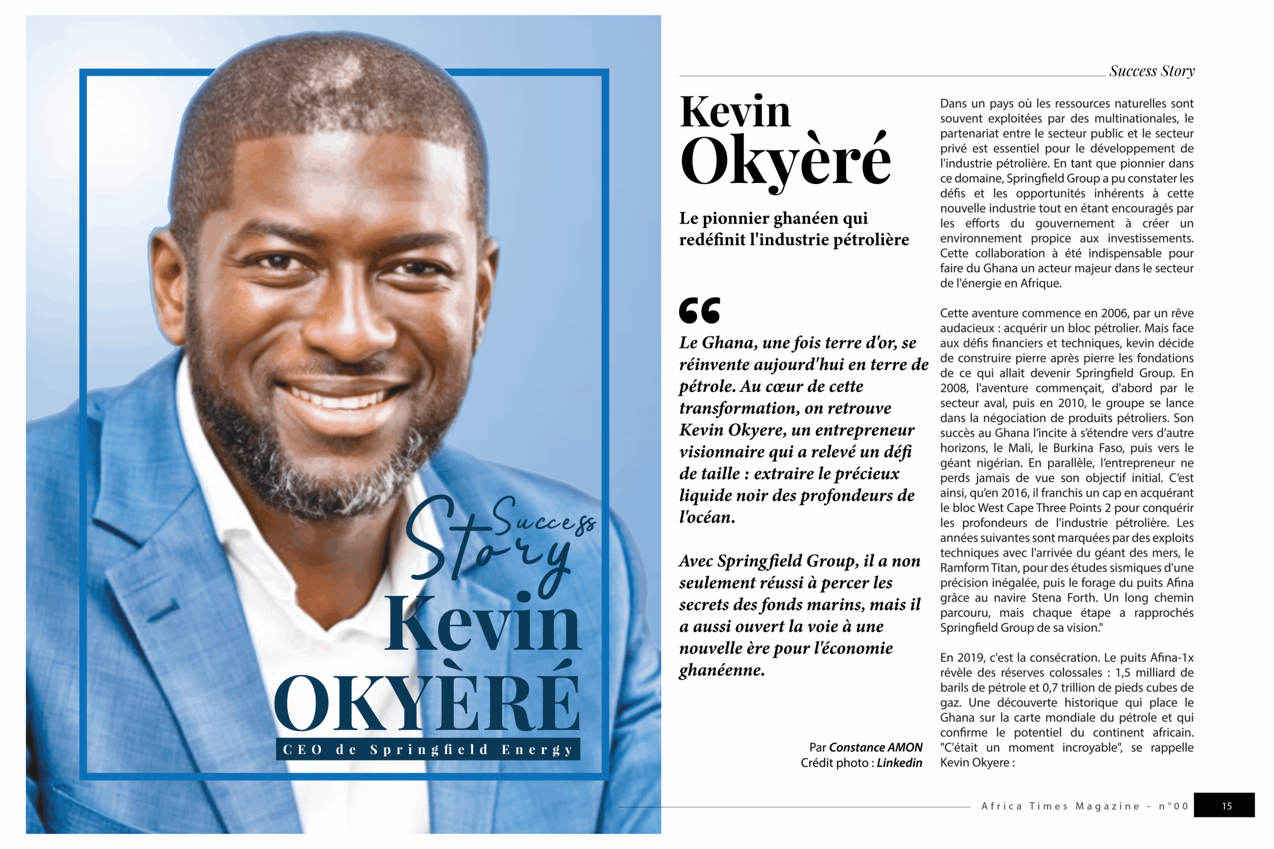 Portrait de Kevin Okyèré, CEO de Springfield Energy, leader dans l'industrie pétrolière ghanéenne.