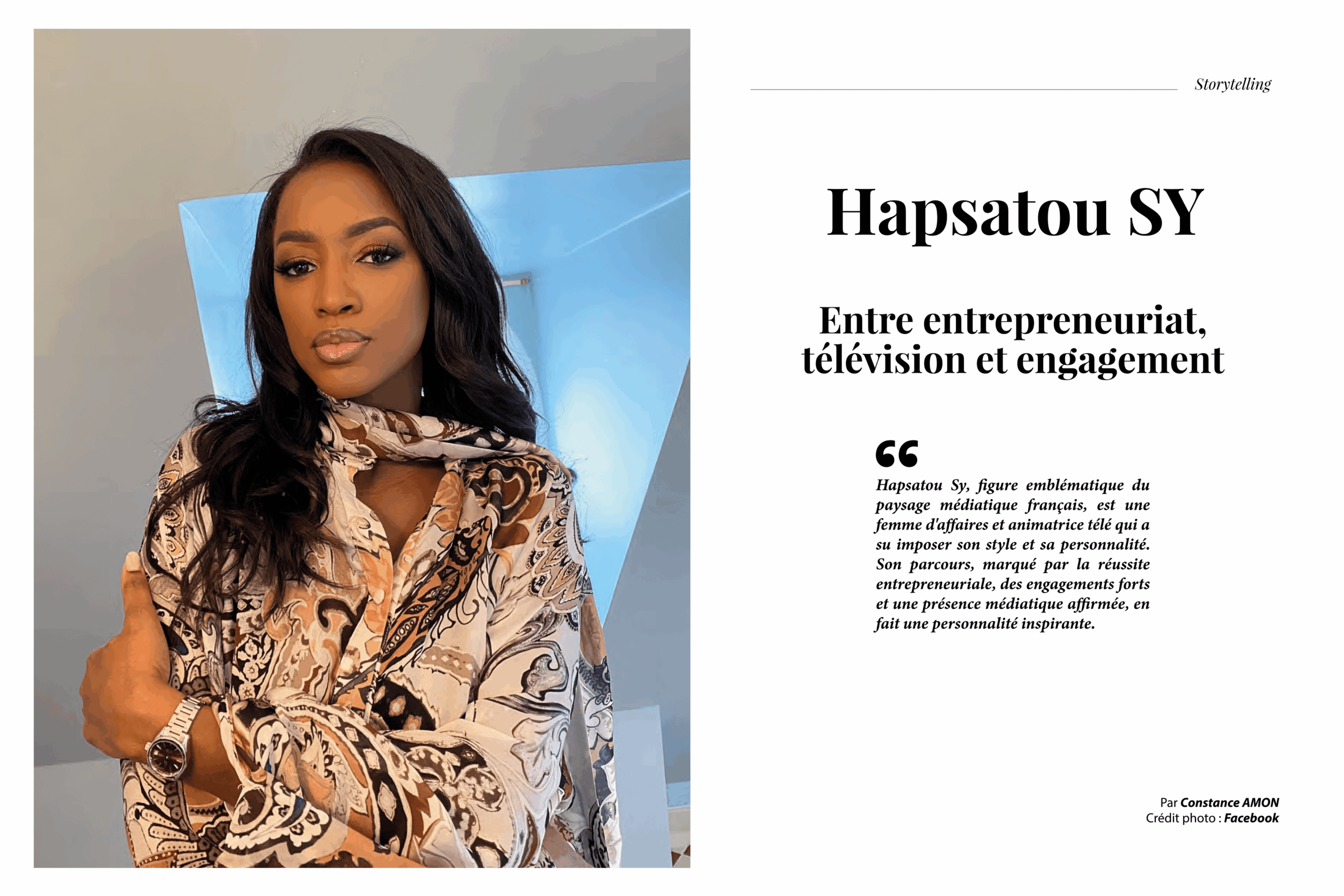 Hapsatou Sy posant avec assurance, vêtue d’une tenue élégante, symbole de son parcours entre entrepreneuriat et médias.