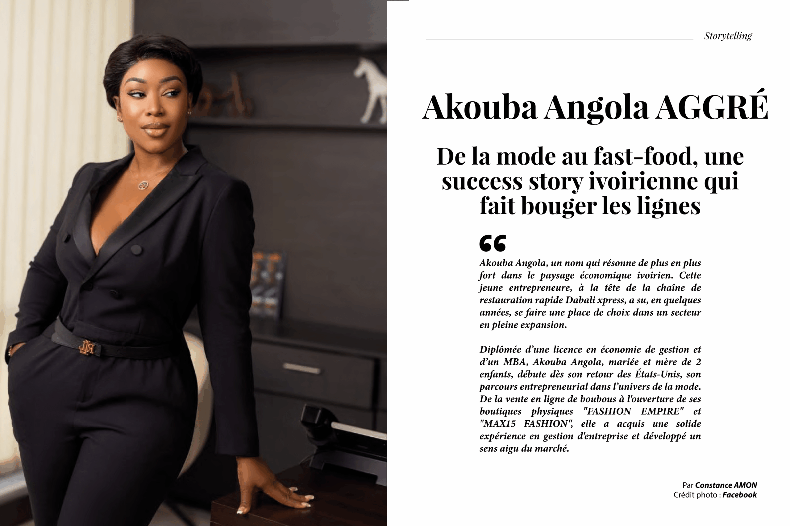 Akouba Angola Agrré, entrepreneure ivoirienne, posant dans son bureau en tenue élégante.