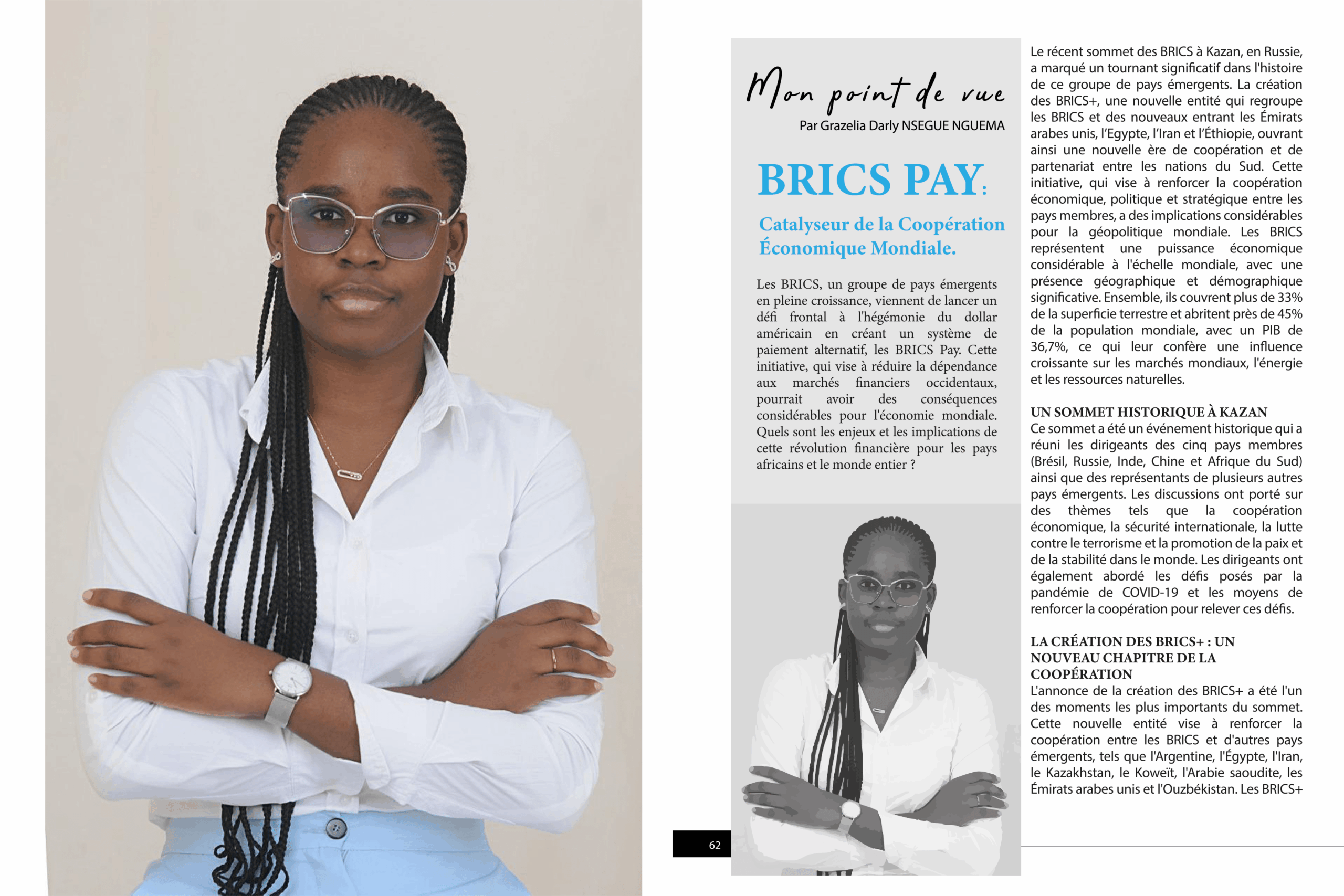 Portrait de Grazila Darly NGUEGNE NGUEMA évoquant BRICS Pay et la coopération économique mondiale.