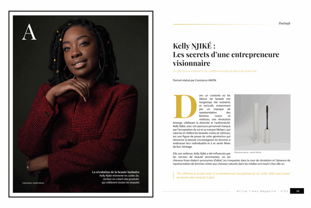 Portrait de Kelly Njiké, fondatrice de Melayci, marque de cosmétiques inclusive dédiée à la beauté noire et métissée.