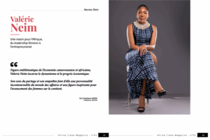 Valérie Neim posant en tenue traditionnelle moderne, symbole du leadership féminin africain.