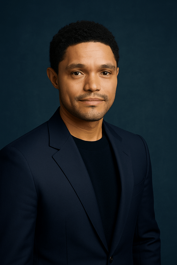 Portrait de Trevor Noah, humoriste sud-africain et ancien présentateur du Daily Show.