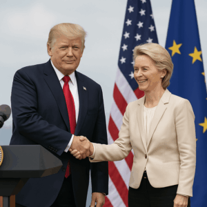 Donald Trump et Ursula von der Leyen signant l’accord commercial UE-USA à Turnberry en juillet 2025