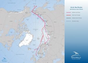 Carte de la Route maritime du Nord montrant le passage le long des côtes russes et les routes maritimes arctiques.