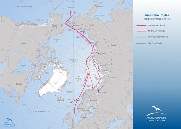 Carte de la Route maritime du Nord montrant le passage le long des côtes russes et les routes maritimes arctiques.