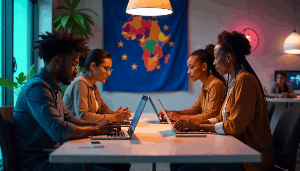 Jeunes entrepreneurs africains travaillant sur leurs ordinateurs dans un espace de coworking moderne.