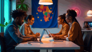 Jeunes entrepreneurs africains travaillant sur leurs ordinateurs dans un espace de coworking moderne.