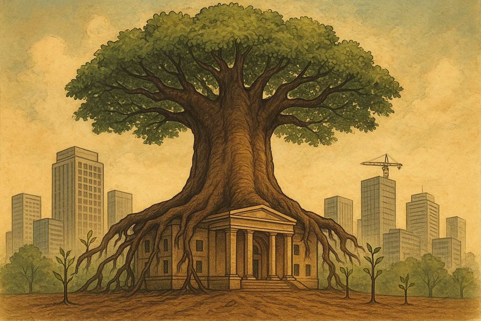 Illustration symbolique représentant la croissance et la stabilité enracinées dans les institutions, contrastant avec la modernité urbaine.