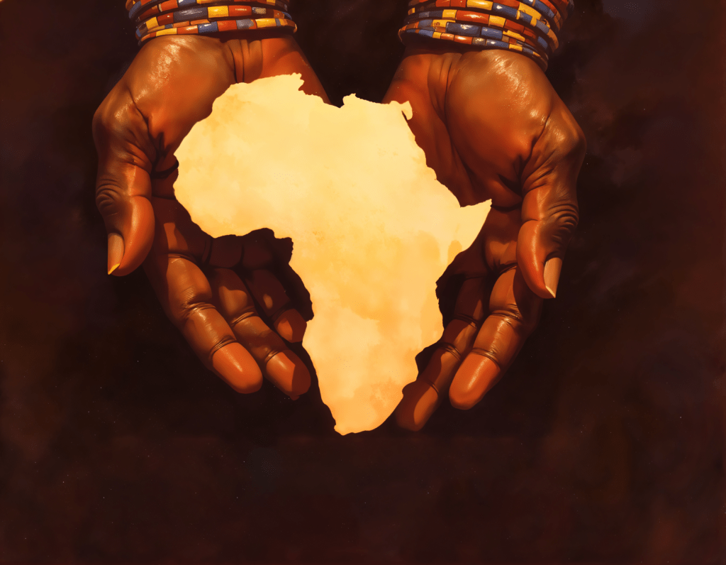 Mains africaines tenant la carte de l’Afrique, symbole de souveraineté, de ressources stratégiques et d’enjeux géopolitiques